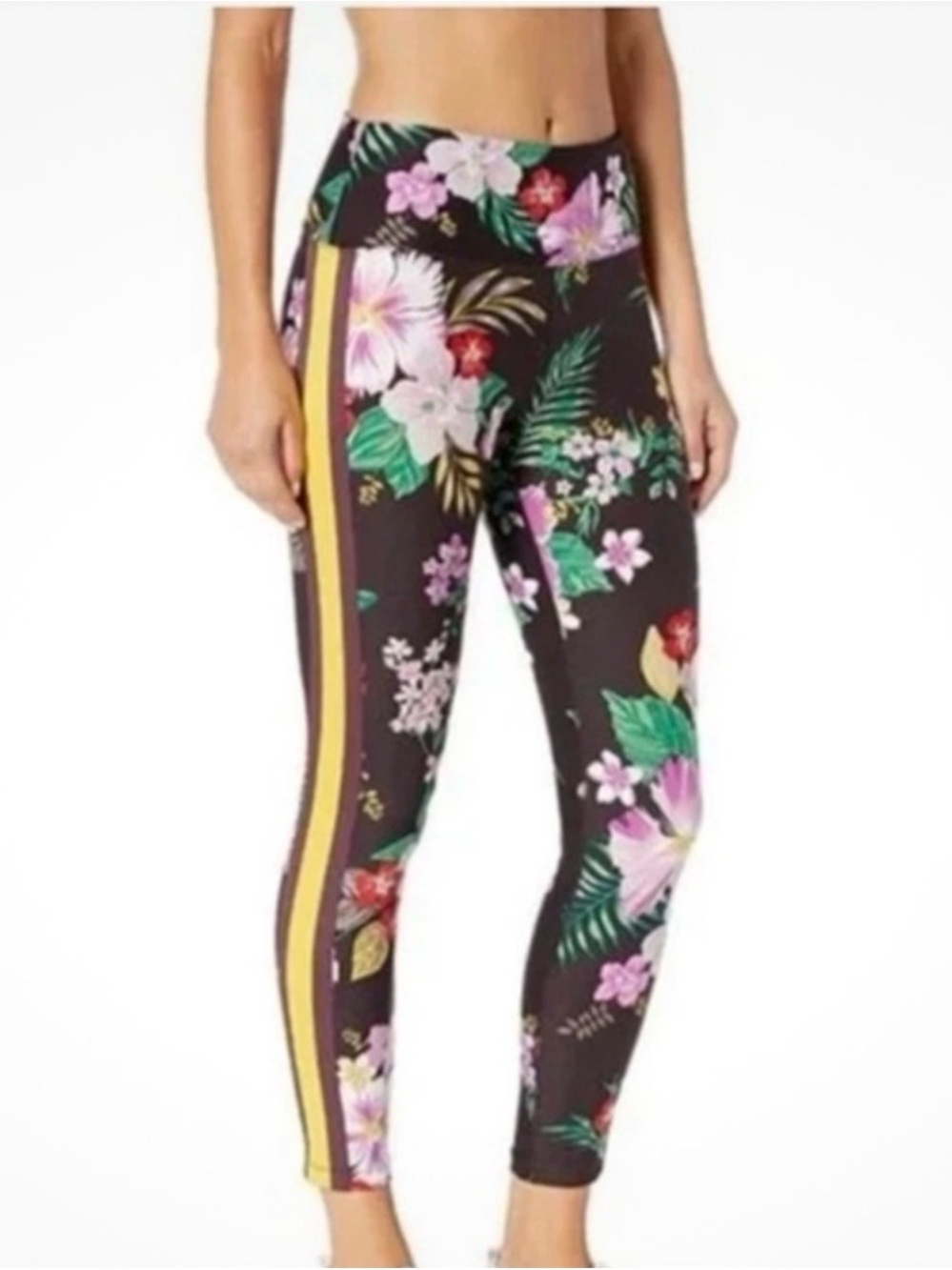 Calvin Klein Black Floral High-Waist Leggings with Yellow Side Stripe